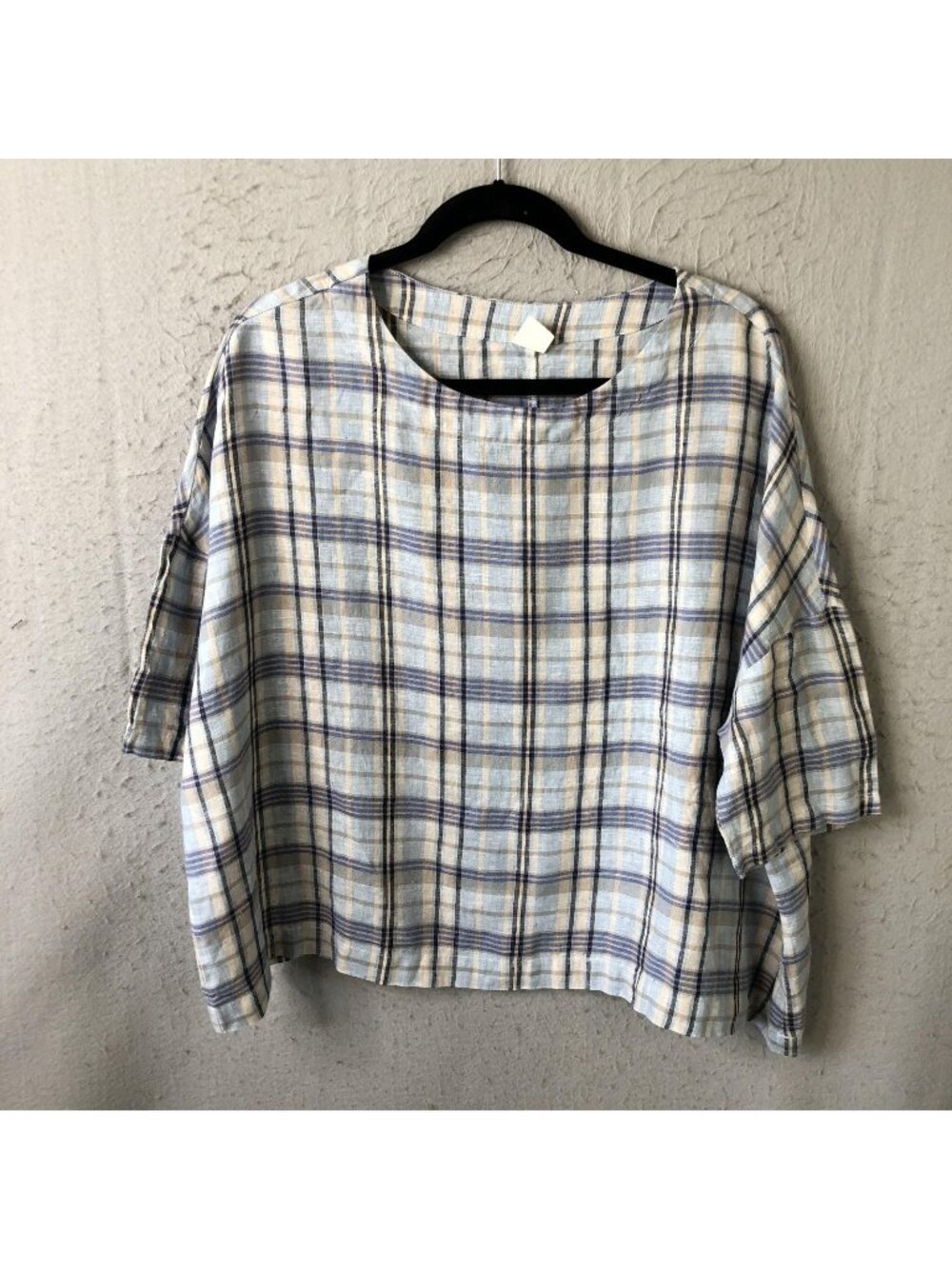 Lintico Top Womens M Blue Plaid 100% Linen Short Sleeve Casual Summer Beach